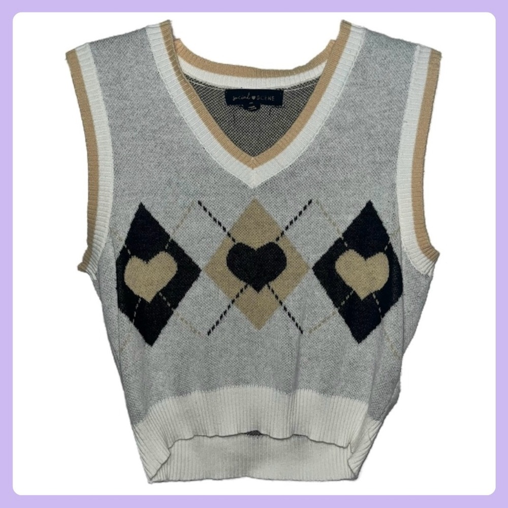 Grey Cream & Tan Argyle Heart Sweater Vest
